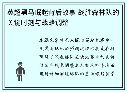 英超黑马崛起背后故事 战胜森林队的关键时刻与战略调整
