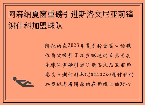 阿森纳夏窗重磅引进斯洛文尼亚前锋谢什科加盟球队